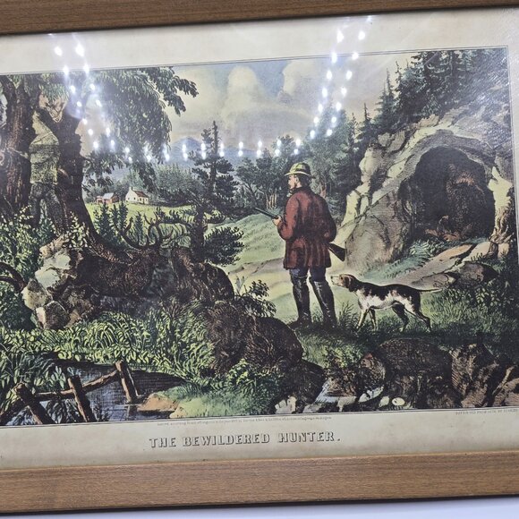 THE BEWILDERED HUNTER by Currier & Ives Framed Art Print Hunting Dog/ Man / Dee - Picture 2 of 7
